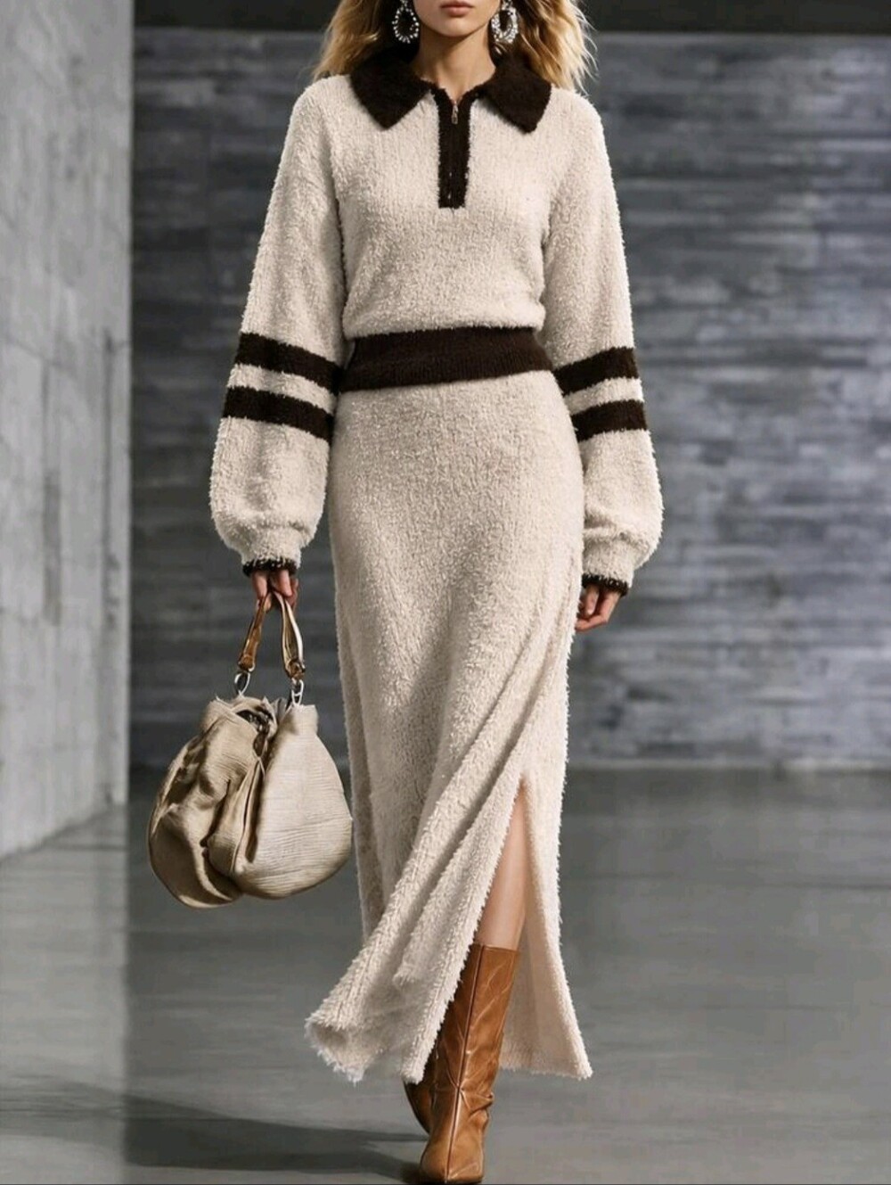 Premium Elegant Contrast Color Lapel Knit Top & Dress Set